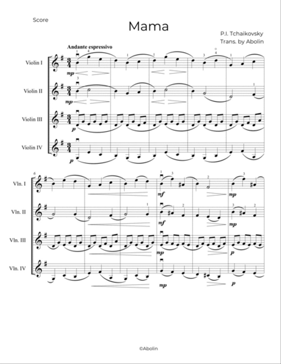 Tchaikovsky: Mama, Op.39, No.3 - Violin Quartet