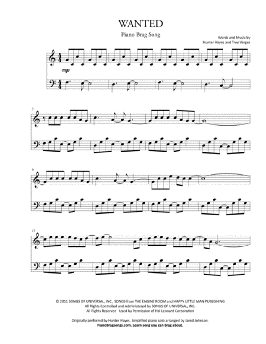 Wanted Piano Solo scores gallery preview page 1