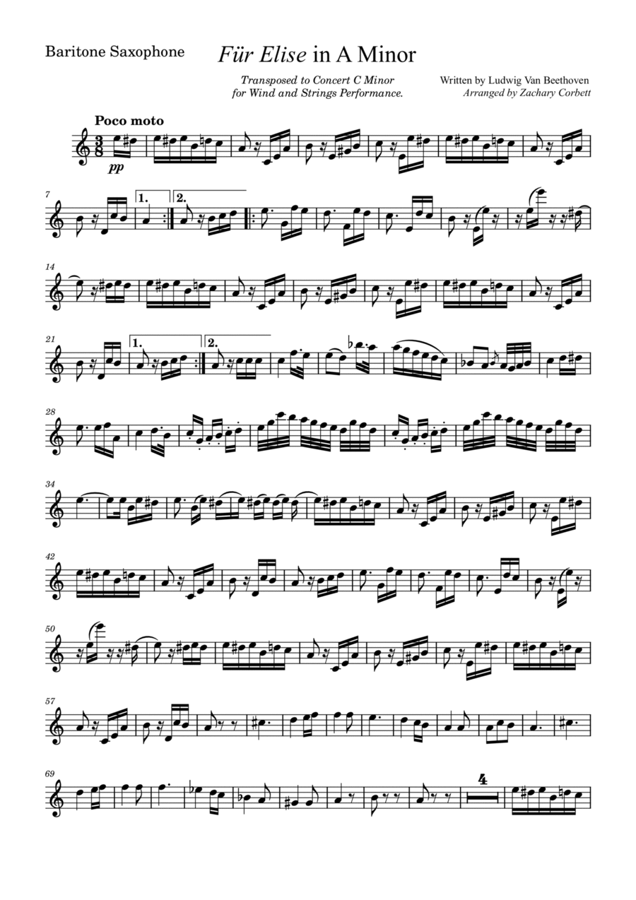 Fur Elise Baritone Saxophone scores gallery preview page 1
