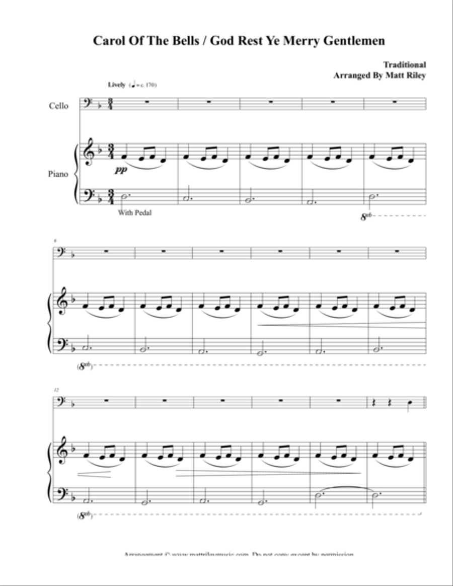 Carol of the Bells / God Rest Ye Merry Gentlemen – Cello Piano scores gallery preview page 1