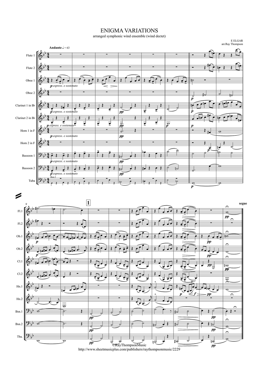 Elgar: Theme and 10 Variations (including Nimrod) from Enigma Variations Op.36 - wind dectet/bass Large Ensemble scores gallery preview page 1