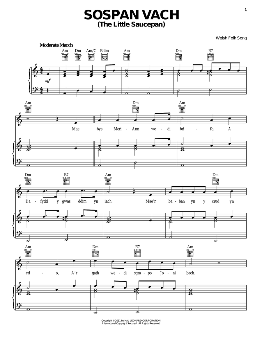 Sospan Vach (The Little Saucepan) Piano, Vocal, Guitar scores gallery preview page 1
