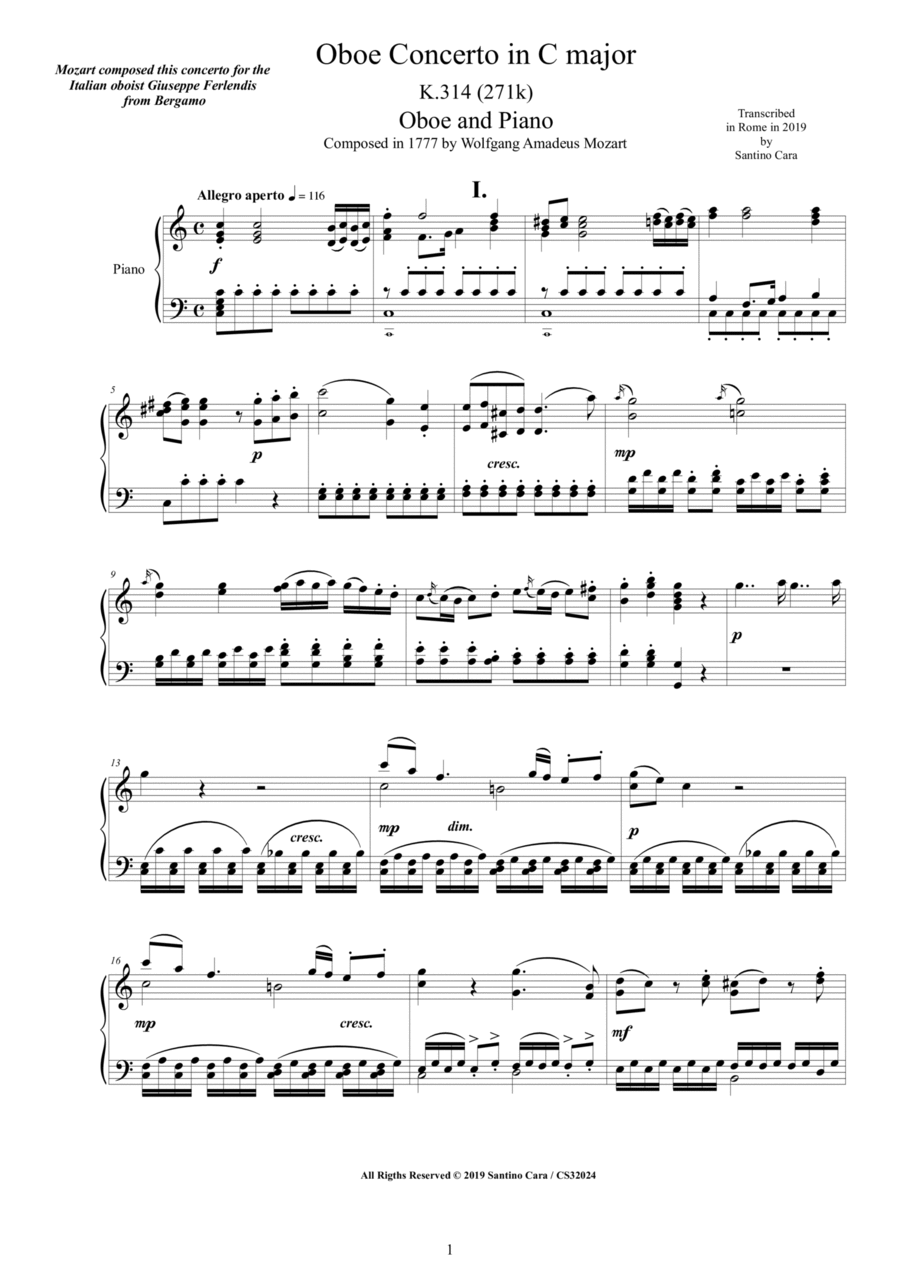 Mozart - Oboe Concerto in C major K.314(271k) for Oboe and Piano Piano scores gallery preview page 1