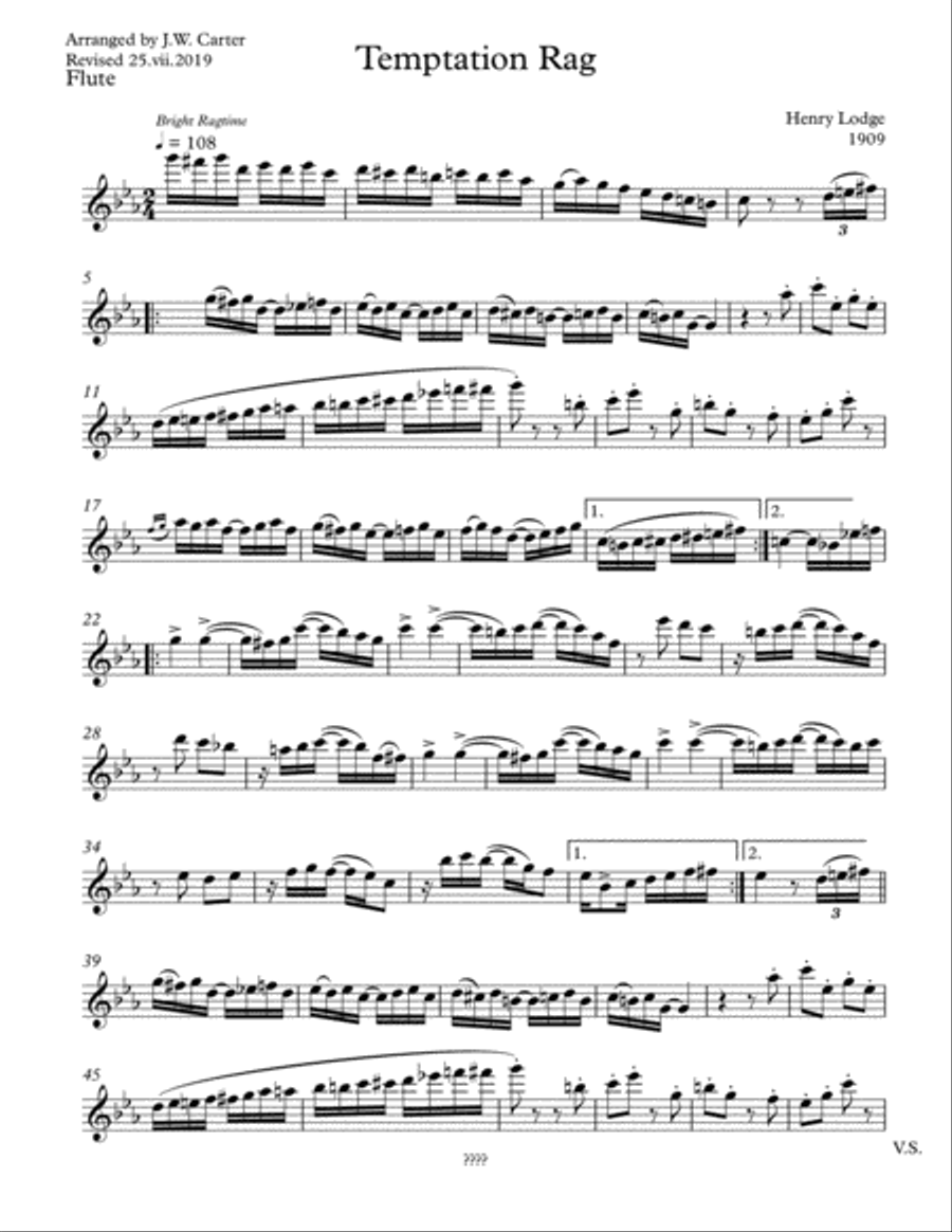Temptation Rag, by Henry Lodge (1909), arranged for Flute & String Trio Small Ensemble scores gallery preview page 5