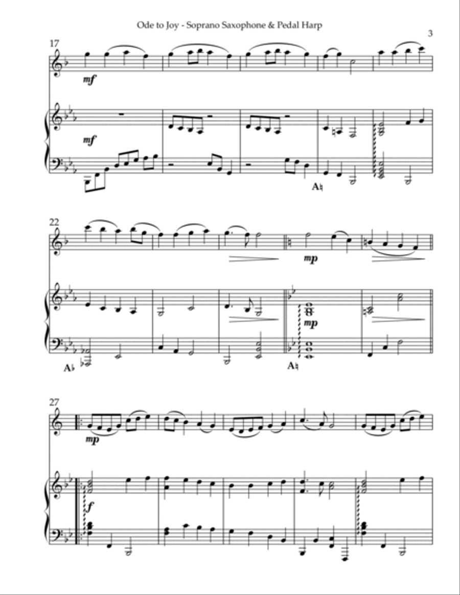 Ode to Joy, Duet for Bb Soprano Saxophone & Pedal Harp Soprano Saxophone scores gallery preview page 3