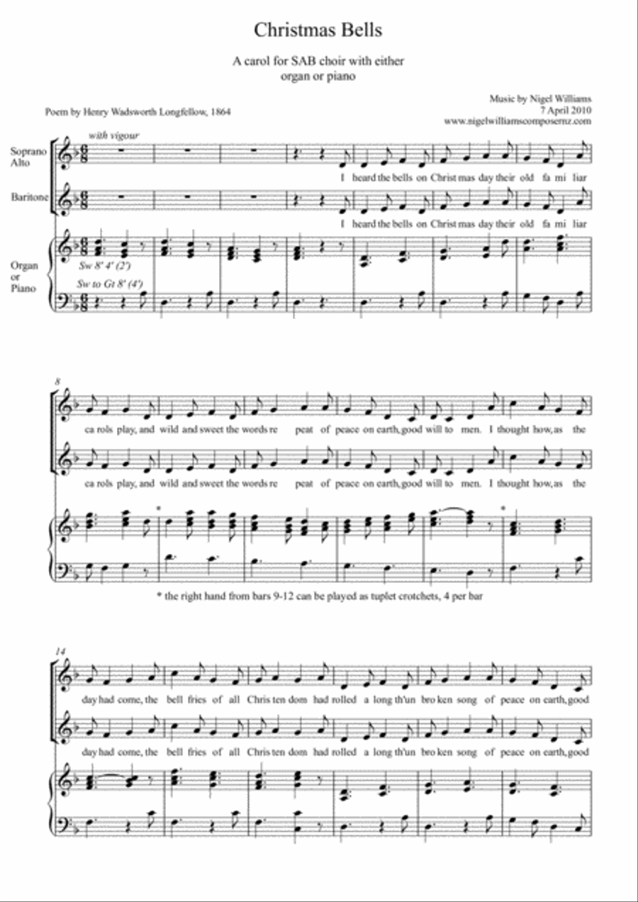 Christmas Bells, for SAB choir and keyboard 3-Part scores gallery preview page 1