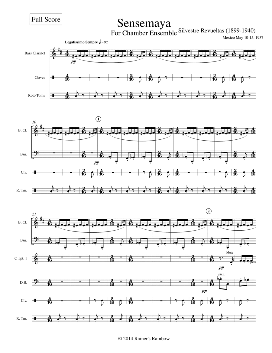 Revueltas 1938 Sensemayá canto para matar a una culebra for Chamber Ensemble Large Ensemble scores gallery preview page 1