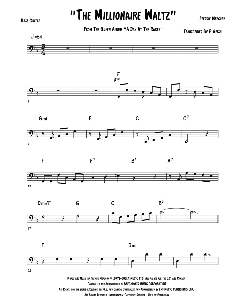 The Millionaire Waltz Bass Guitar scores gallery preview page 1
