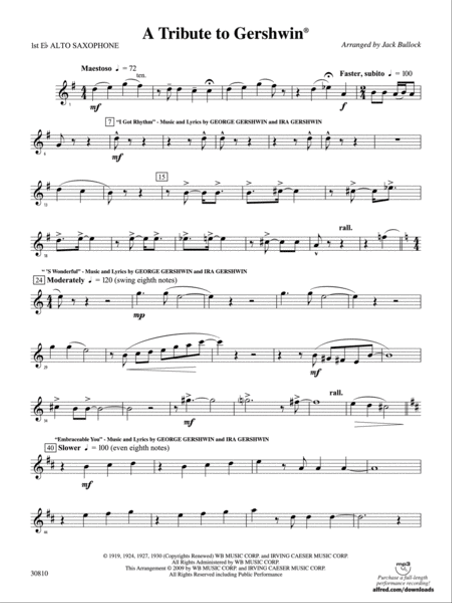 A Tribute to Gershwin: E-flat Alto Saxophone Concert Band scores gallery preview page 1
