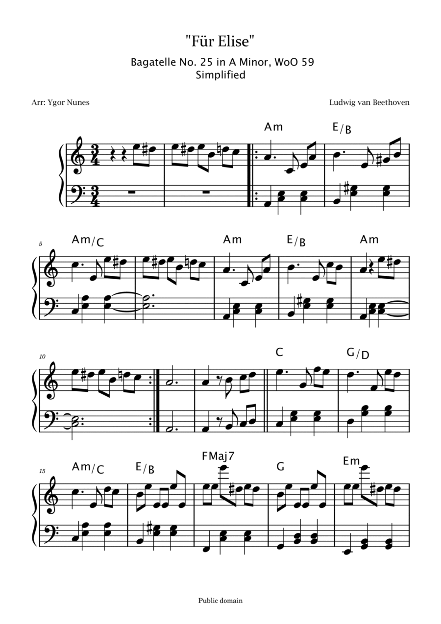 Beethoven - Für Elise - Easy piano. Chords Version Piano Method scores gallery preview page 1