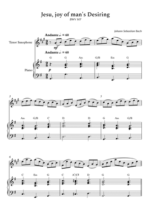 Jesu, joy of man's Desiring for Tenor Sax and Piano (With Chords) - Score and Parts