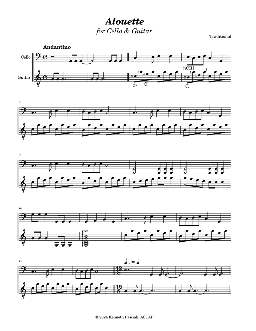 Alouette (for Cello & Guitar) String Duet scores gallery preview page 1