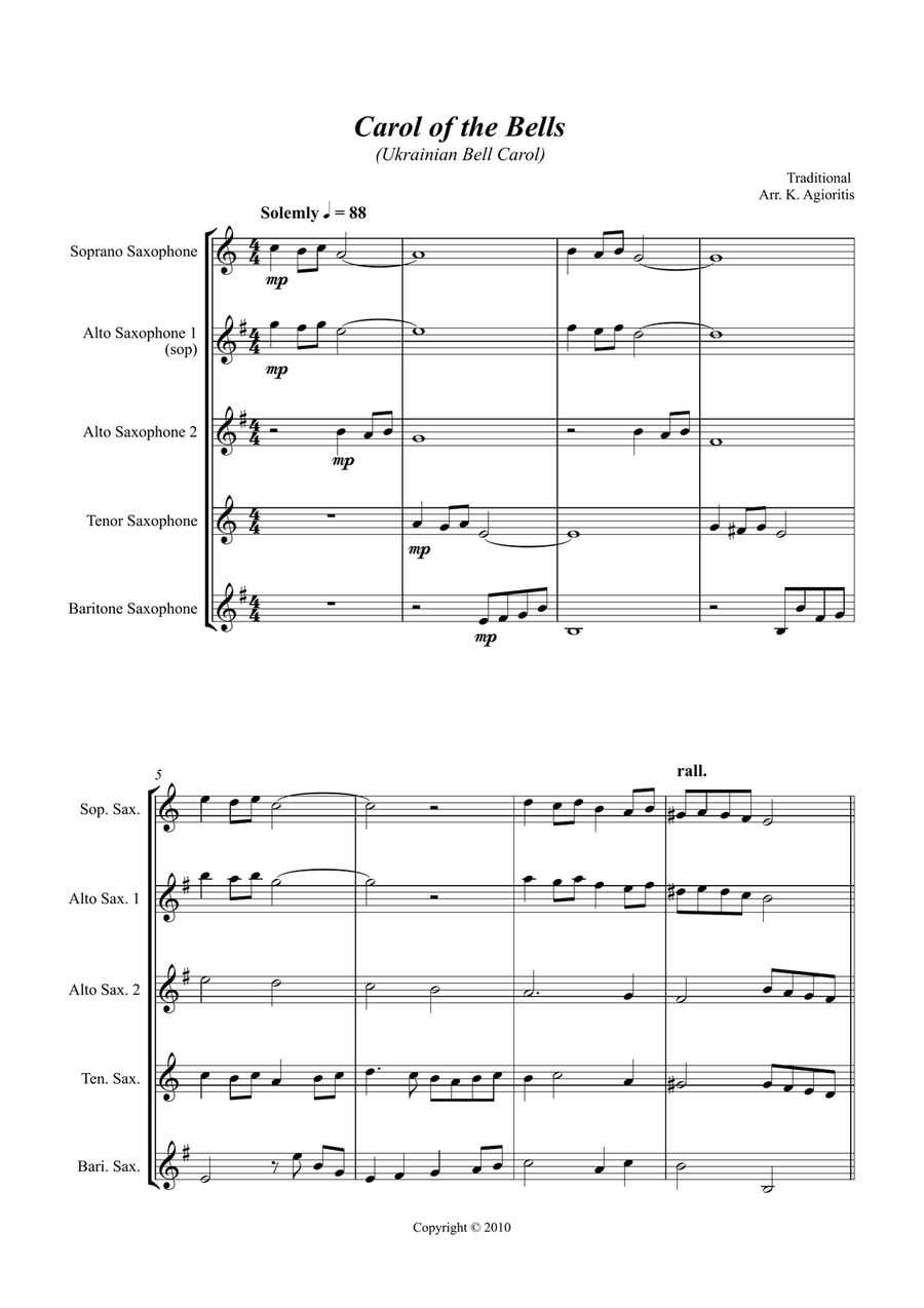 Carol of the Bells (Ukrainian Bell Carol) - Jazz Arrangement for Saxophone Quartet Saxophone Quartet scores gallery preview page 1