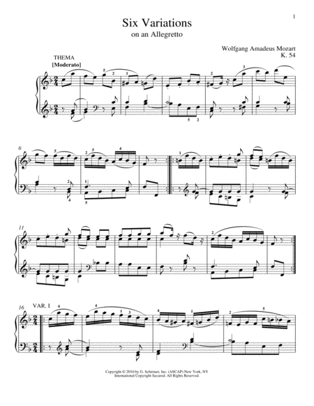 Six Variations on An Allegretto, K. 54