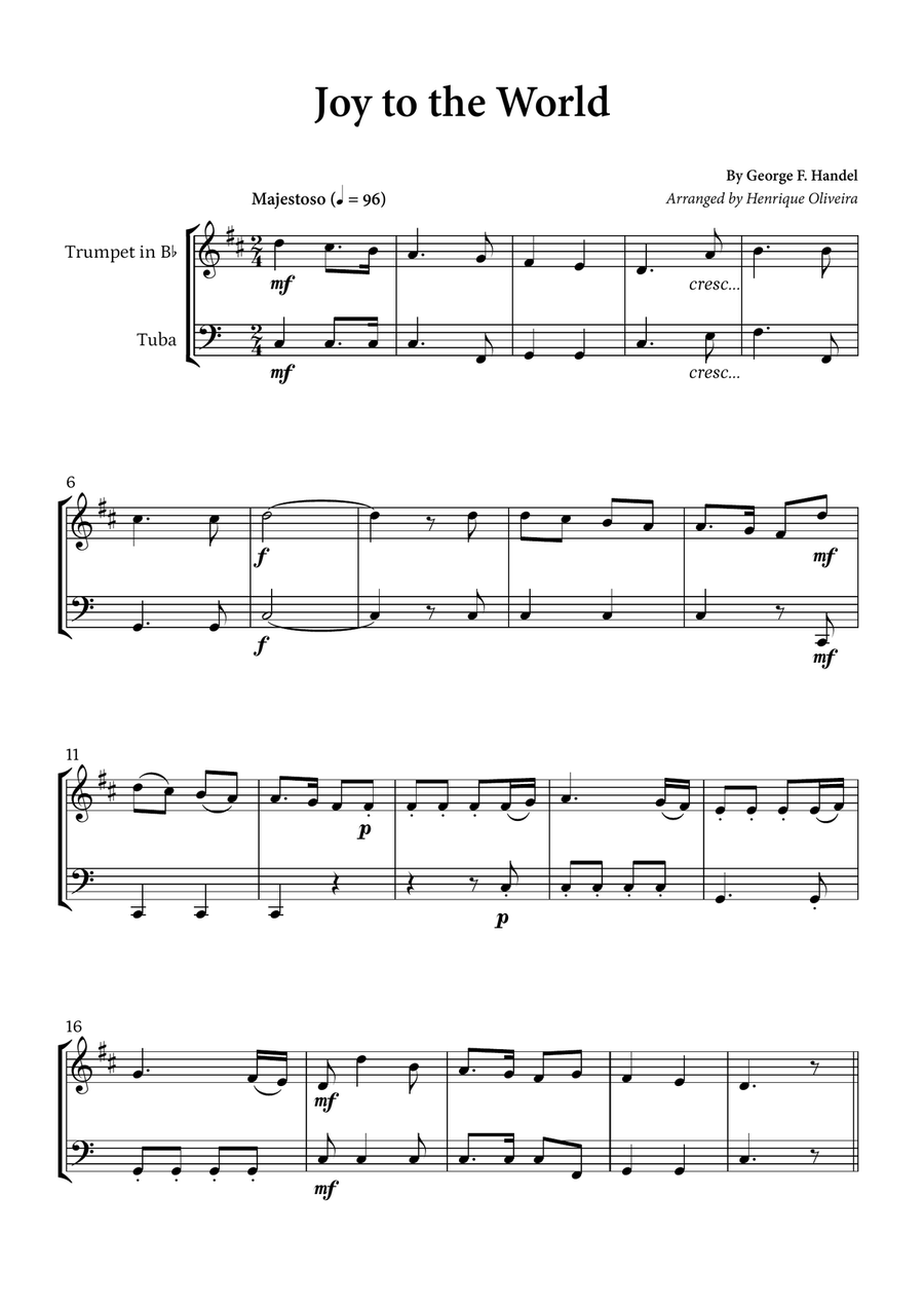 Joy to the World (Trumpet and Tuba) - Christmas Carol Brass Duet scores gallery preview page 1