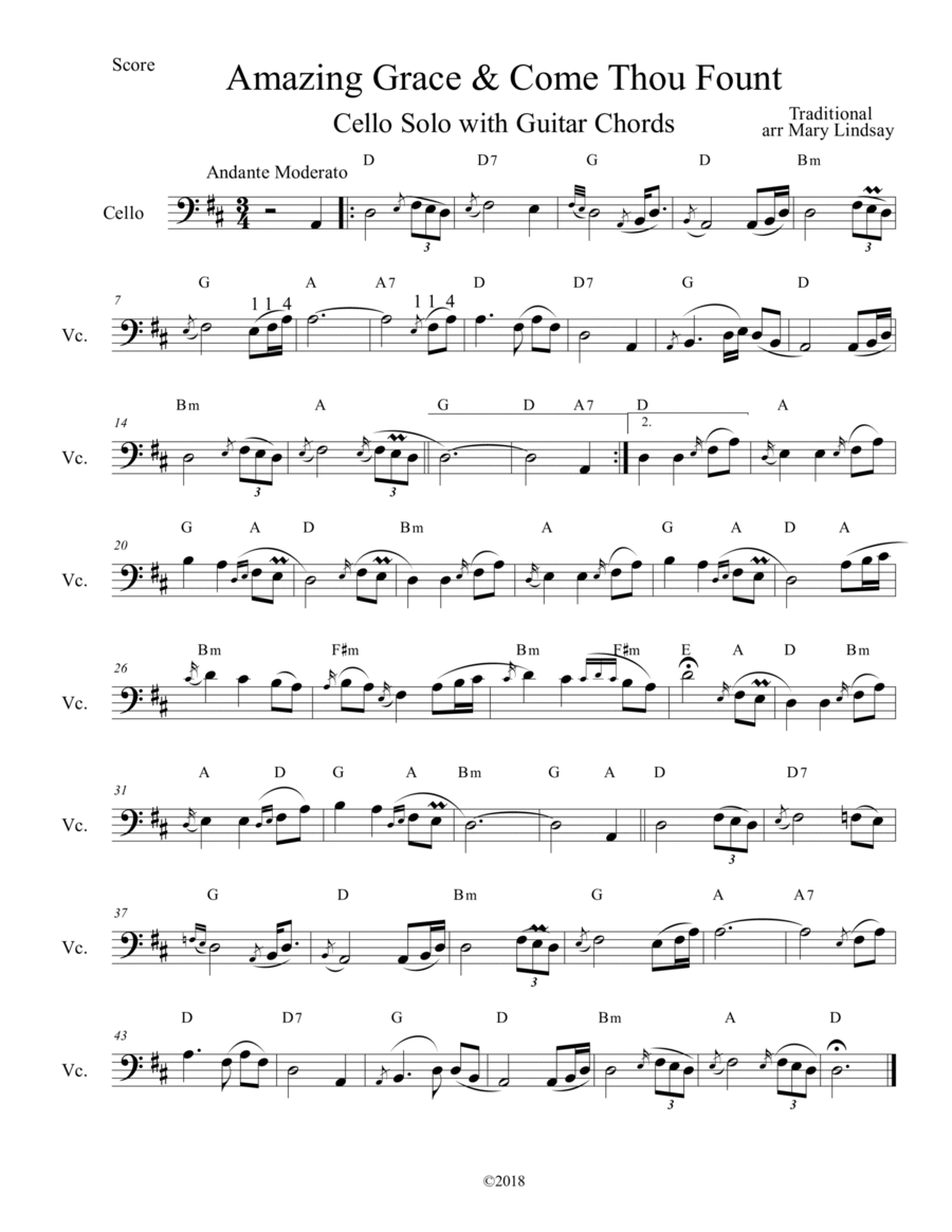 Amazing Grace & Come Thou Fount for Solo Cello with Guitar Chords Piano scores gallery preview page 1