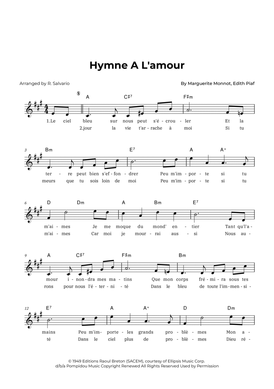 Hymne A L'amour Piano scores gallery preview page 1