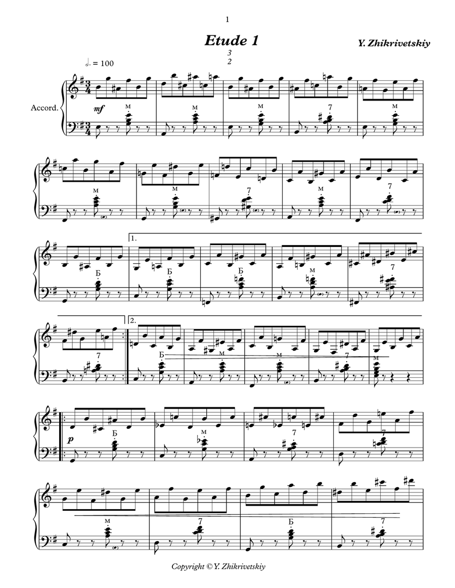 Polyrhythmic etude #1 for accordion: 2 in the left hand - 3 in the right. Accordion scores gallery preview page 1