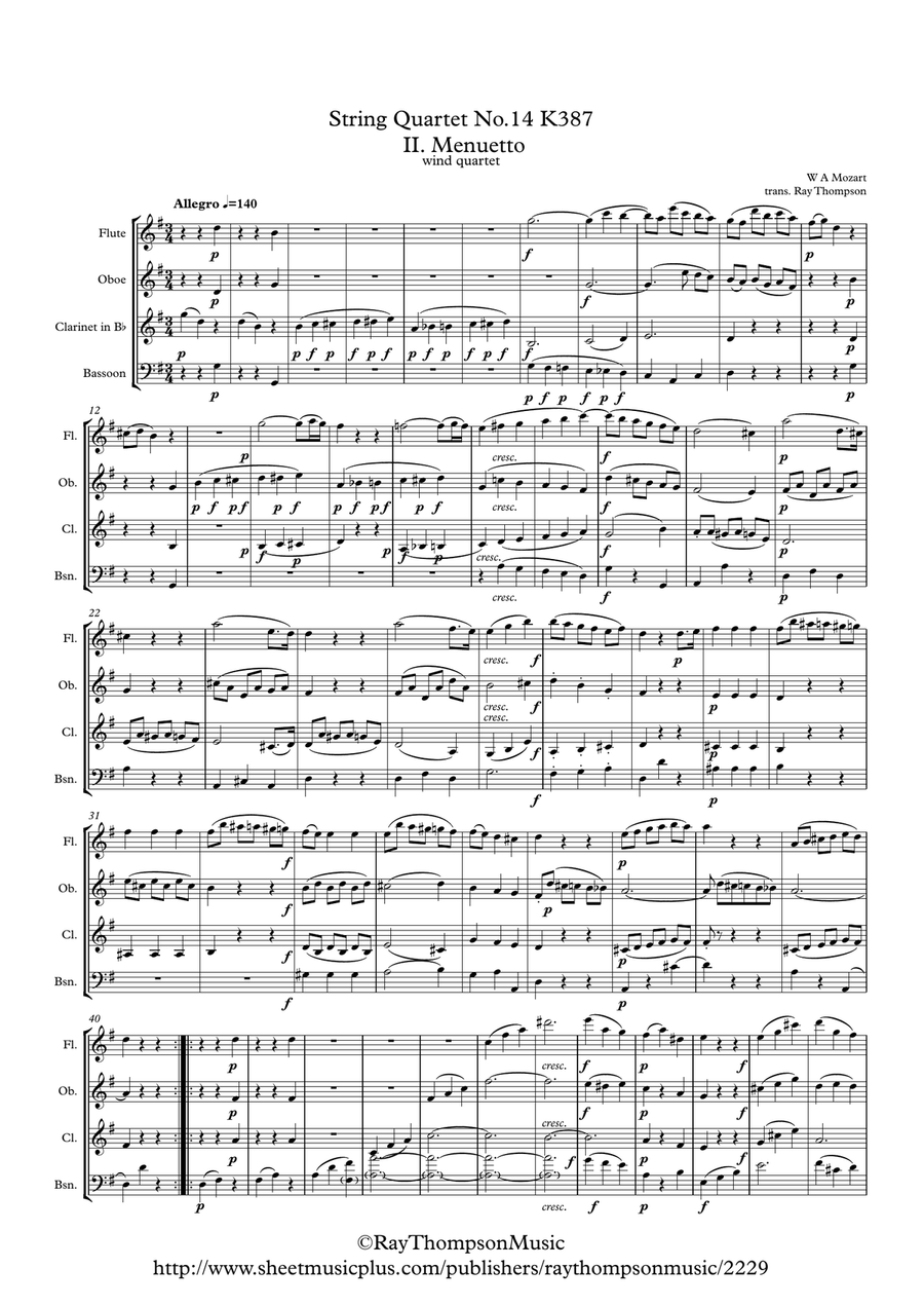 Mozart: String Quartet No.14 in C major K.387 (Spring) (Mvt.II Menuetto and Trio) - wind quartet Woodwind Quartet scores gallery preview page 1
