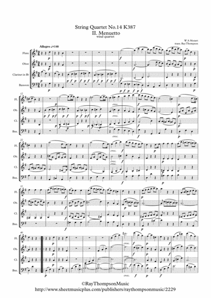 Mozart: String Quartet No.14 in C major K.387 (Spring) (Mvt.II Menuetto and Trio) - wind quartet image number null