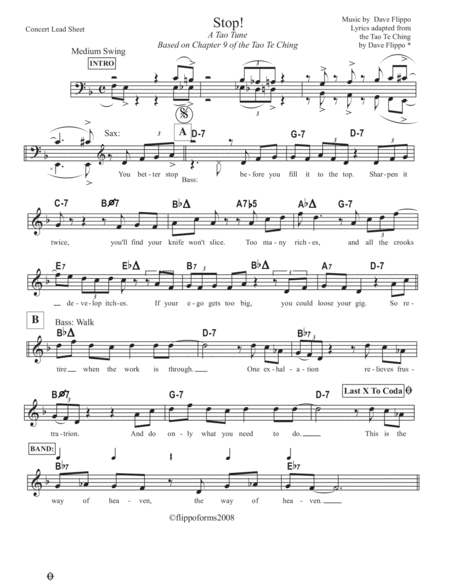 STOP - A "Tao Tune" - Lead Sheets in C, Bb and Eb Jazz Ensemble - Digital Sheet Music