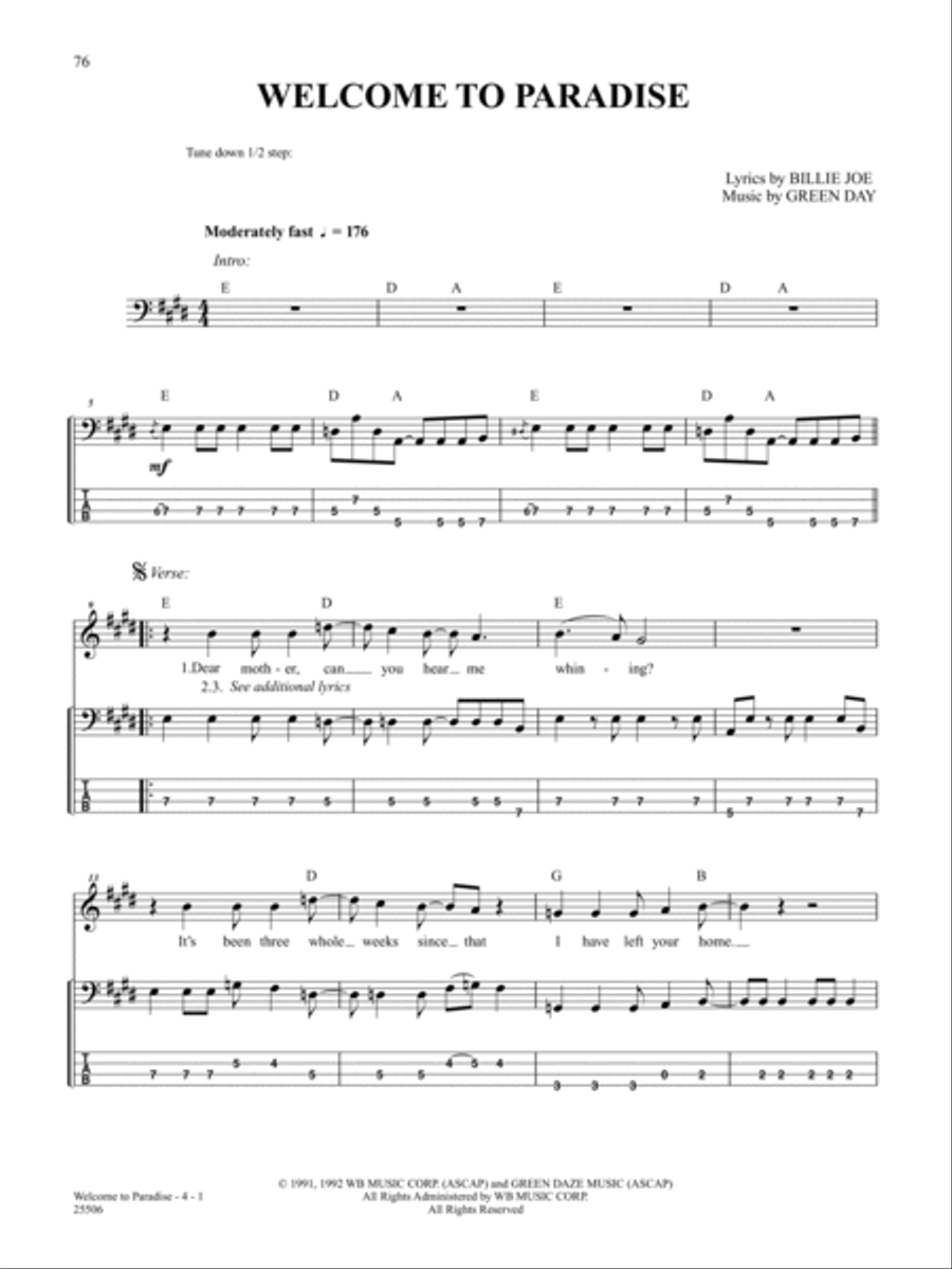 Welcome to Paradise Bass Guitar Tablature scores gallery preview page 1