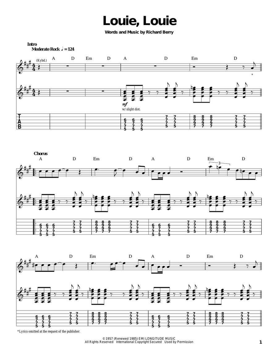 Louie, Louie Louie, Louie Acoustic Guitar scores gallery preview page 1