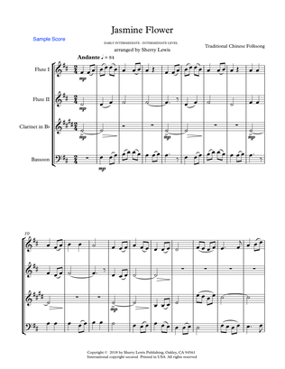 Jasmine Flower, Traditional Chinese Folk Song, Woodwind Quartet, Intermediate Level for 2 flutes, cl