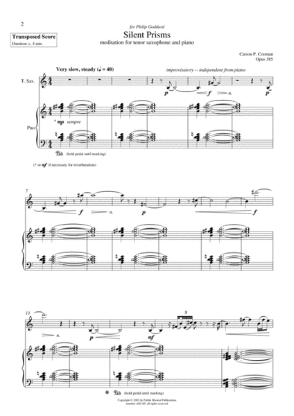 Carson Cooman: Silent Prisms (2002) meditation for tenor saxophone and piano, score for two players