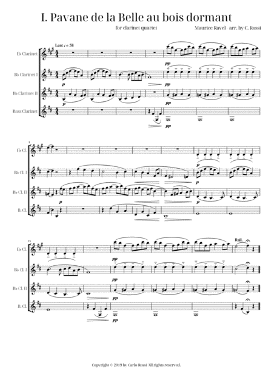 Ma Mère l'Oye - I. Pavane de la Belle au bois dormant for Clarinet Quartet Clarinet Quartet scores gallery preview page 1