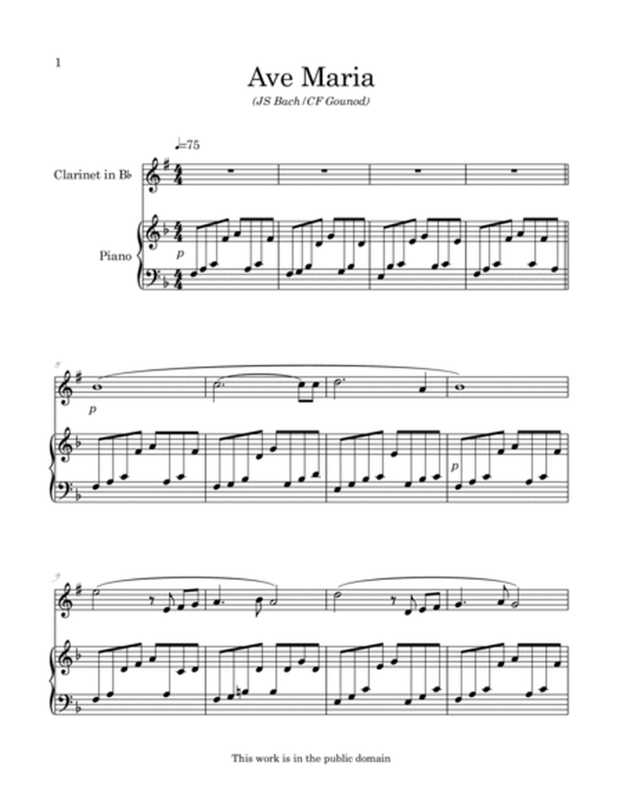 Bach/Gounod Ave Maria arranged for easy clarinet and piano image number null