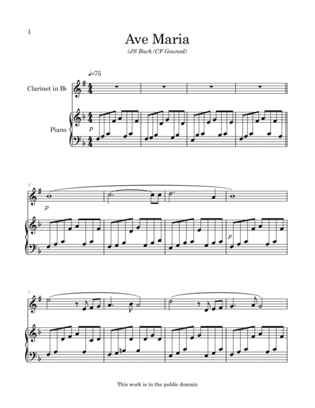 Bach/Gounod Ave Maria arranged for easy clarinet and piano image number null