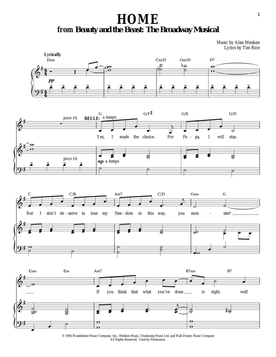 Home (from Beauty and the Beast: The Broadway Musical) High Voice scores gallery preview page 1