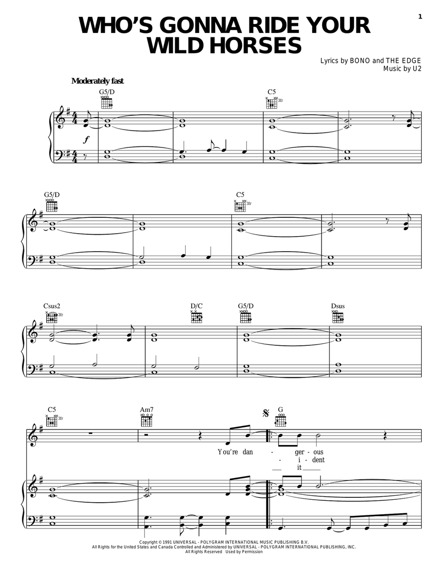 Who's Gonna Ride Your Wild Horses Piano, Vocal, Guitar scores gallery preview page 1