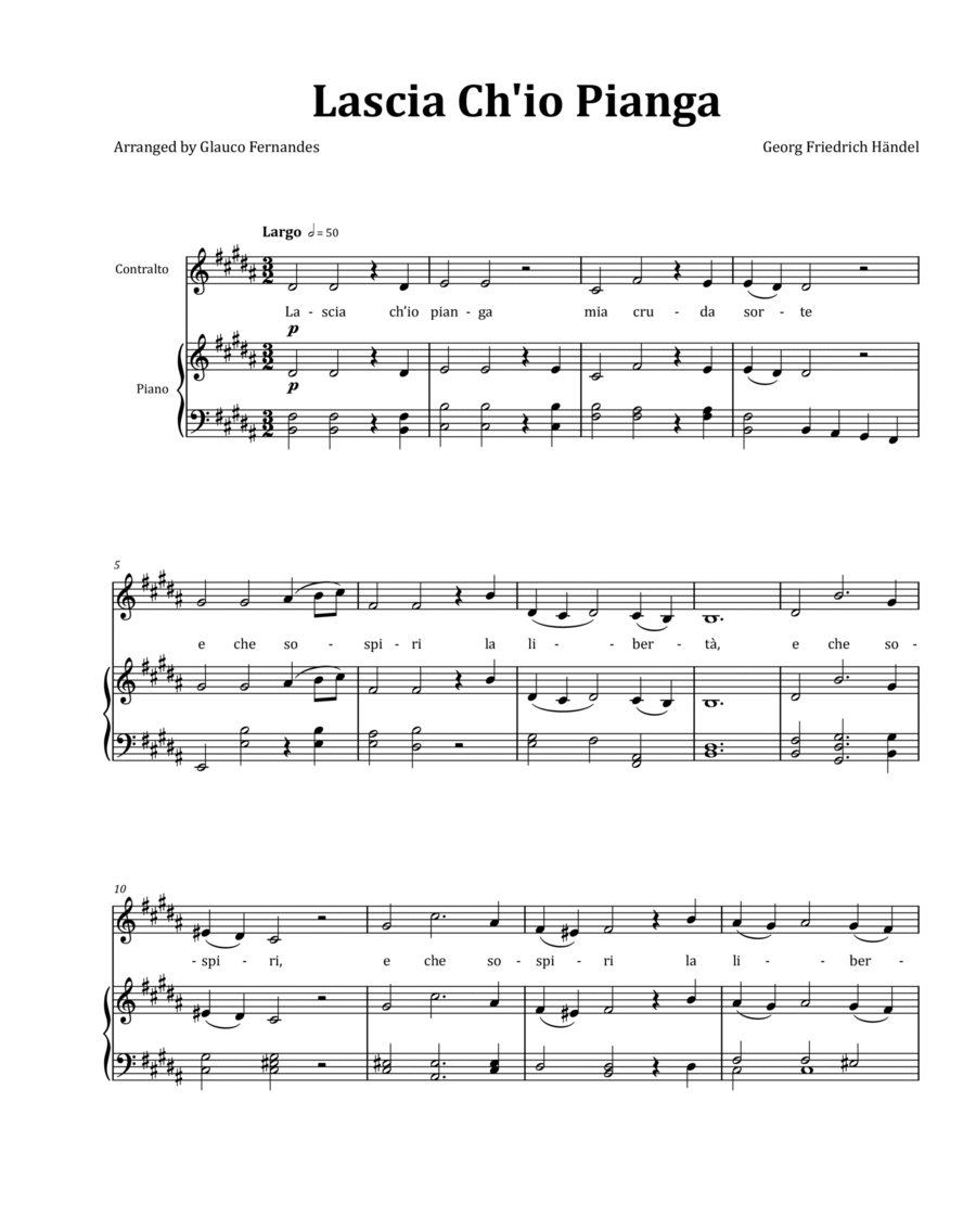 Lascia Ch'io Pianga by Händel - Contralto & Piano in B Major image number null