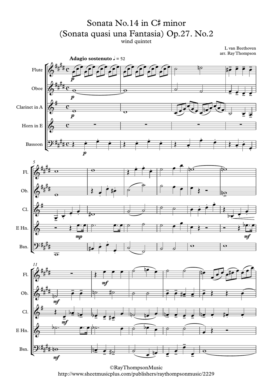 Beethoven: Piano Sonata No.14 in C# minor (quasi una Fantasia) (Moonlight) Op.27 No.2 - wind quintet Woodwind Quintet scores gallery preview page 1