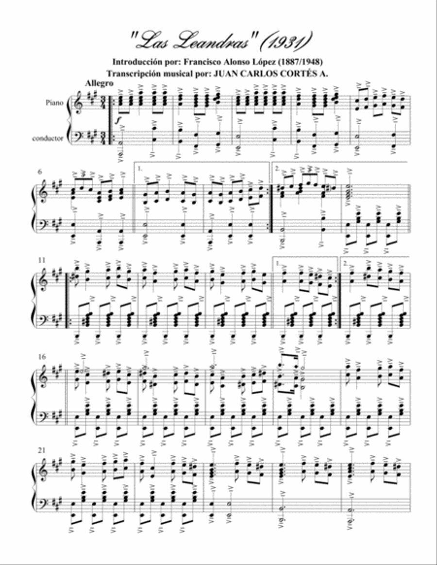 Introducción a la Obertura de Las Leandras por Francisco Alonso para Piano Solo Piano Solo scores gallery preview page 1