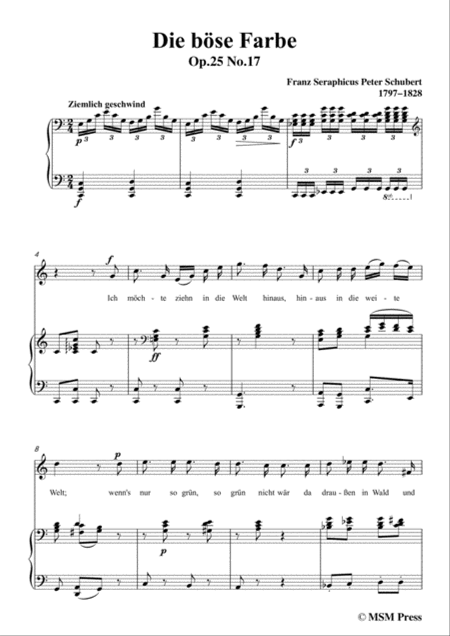 Schubert-Die böse Farbe,from 'Die Schöne Müllerin',Op.25 No.17,in C Major,for Voice&Piano Voice scores gallery preview page 3