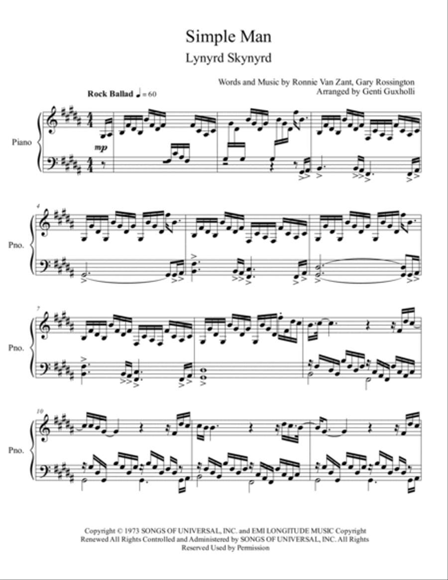 Simple Man Piano Solo scores gallery preview page 2