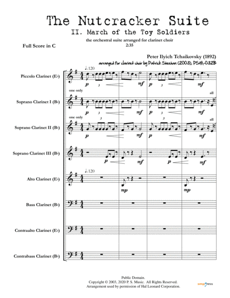 Nutcracker Suite, Mvt. II "March of the Toy Soldiers" for clarinet choir (full score & set of parts) image number null