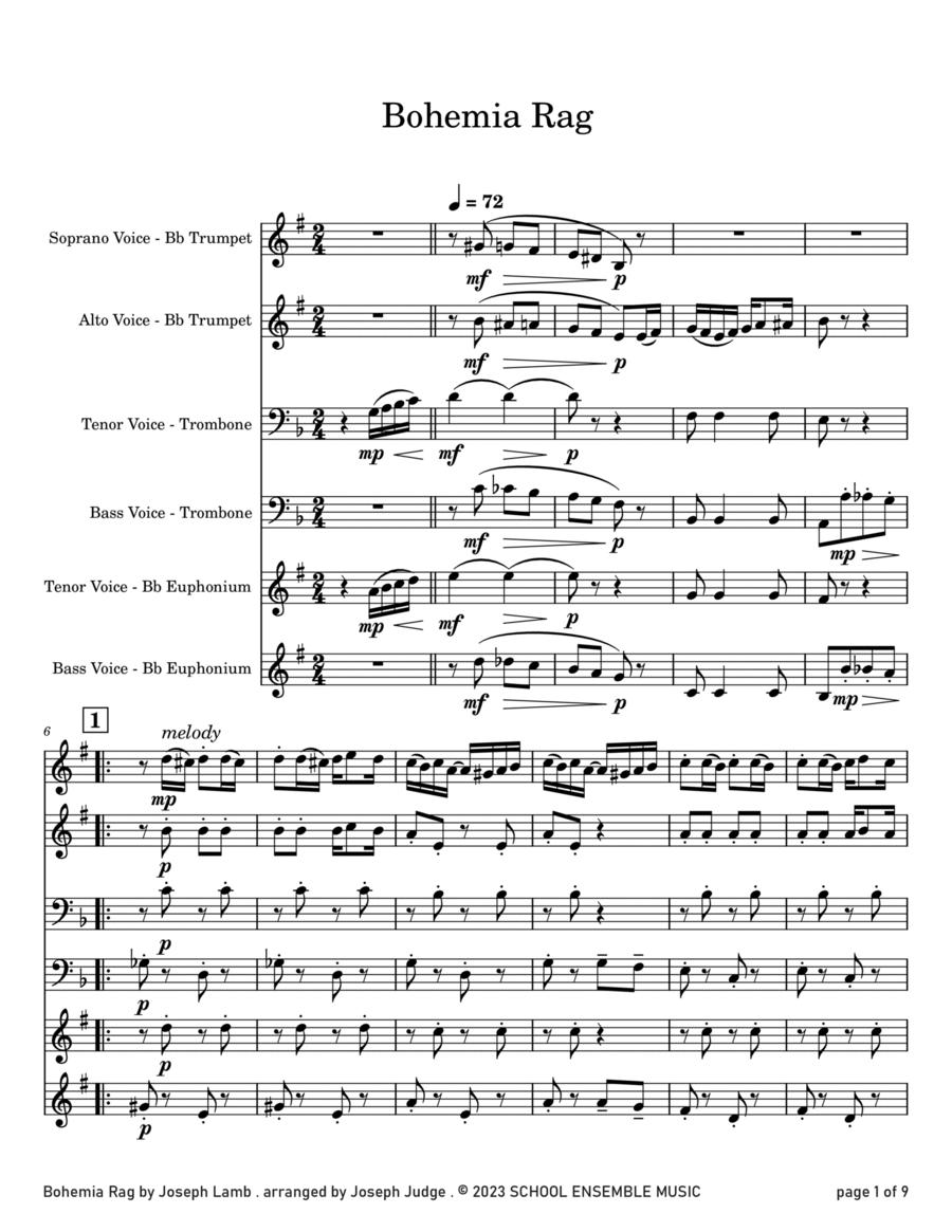 Bohemia Rag by Joseph Lamb for Brass Quartet in Schools Brass Quartet scores gallery preview page 1