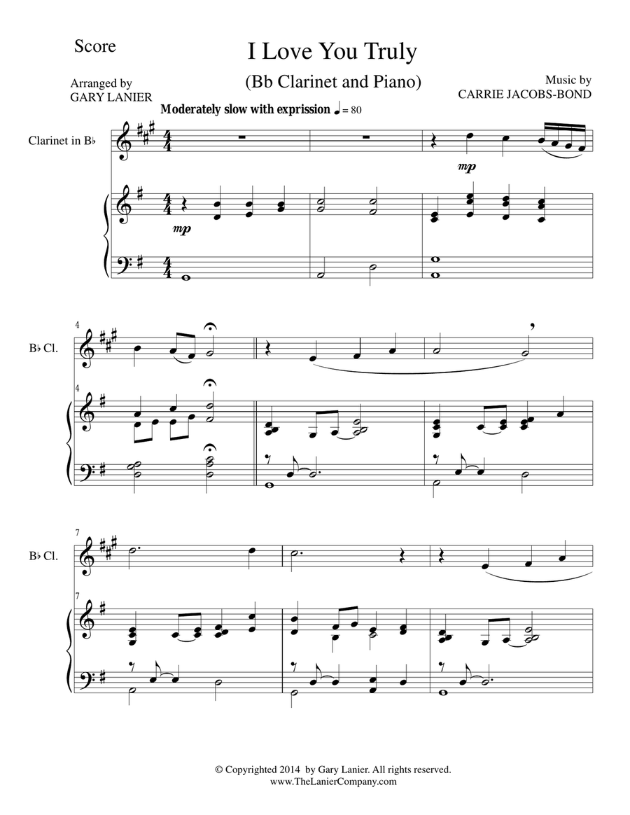 I LOVE YOU TRULY (Duet for Bb Clarinet/Piano with Score and Clar Part) B-Flat Clarinet scores gallery preview page 1