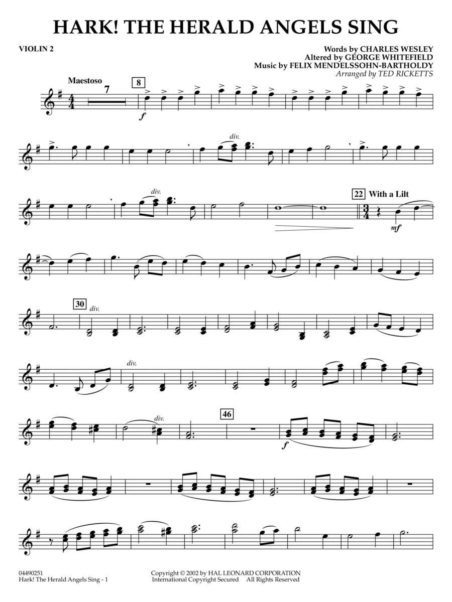 Hark! The Herald Angels Sing (arr. Ted Ricketts) - Violin 2