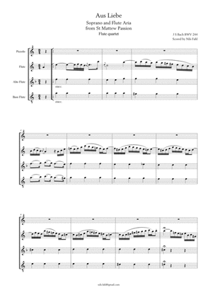 Book cover for J S Bach Aus Liebe from St Matthew Passion, BWV 244. Flute quartet (Picc, Fl, A-Fl & Bass Fl)