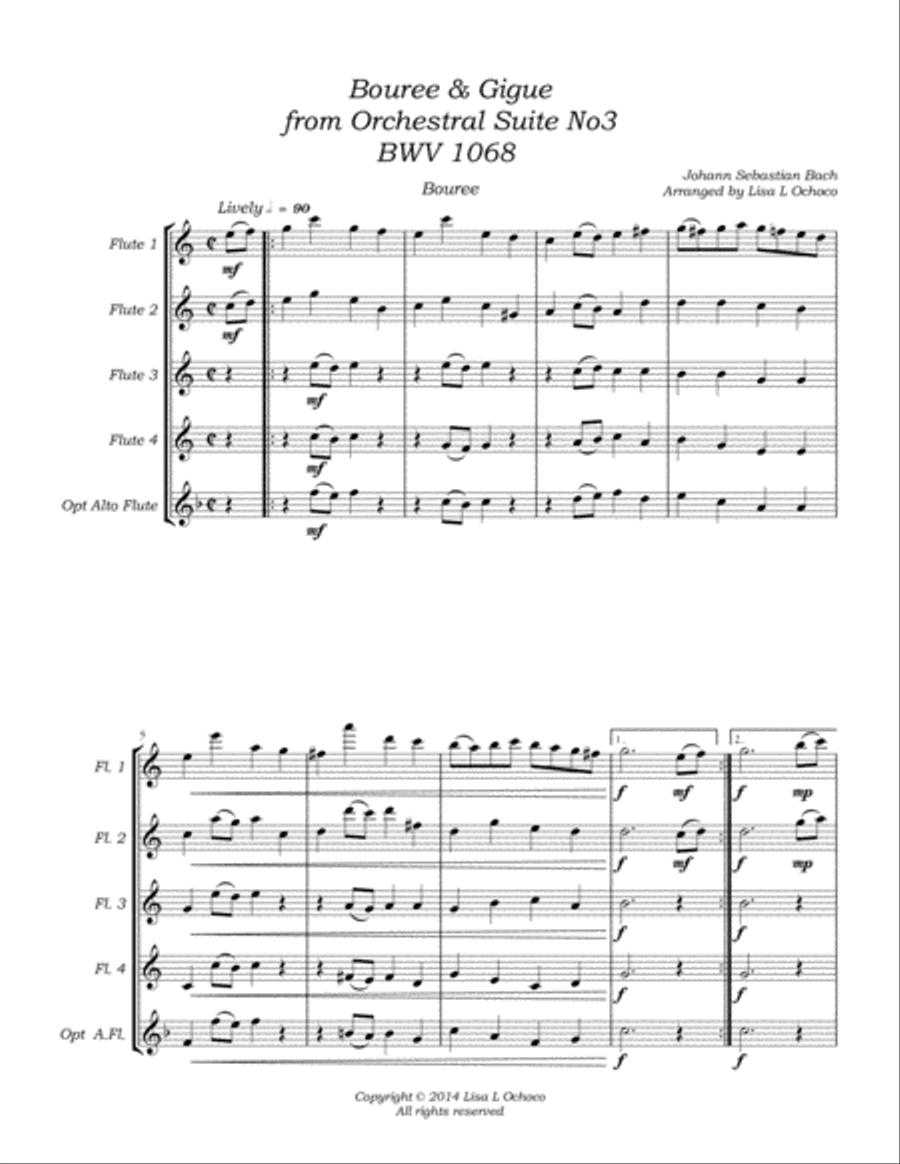 Bouree and Gigue from Orchestral Suite No3 BWV1068 for Flute Quartet Flute Quartet scores gallery preview page 5