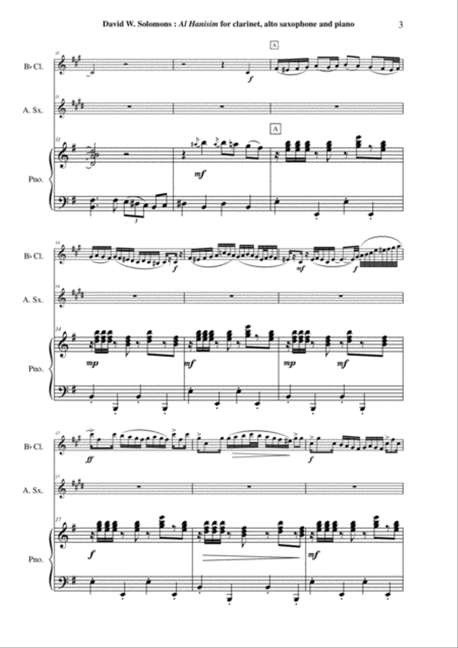 David Warin Solomons: Al Hanisim : A Chanukkah Celebration for Bb clarinet, alto saxophone and piano Woodwind Duet scores gallery preview page 3