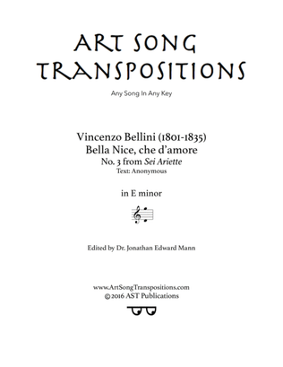 Book cover for BELLINI: Bella Nice, che d'amore (transposed to E minor)