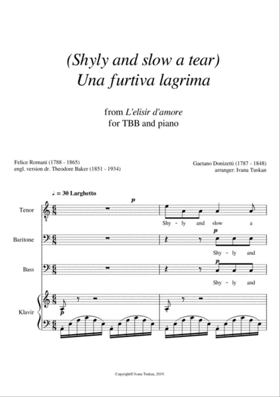 Shyly and slow a tear (Una furtiva lagrima) TBB and piano A minor 3-Part scores gallery preview page 1