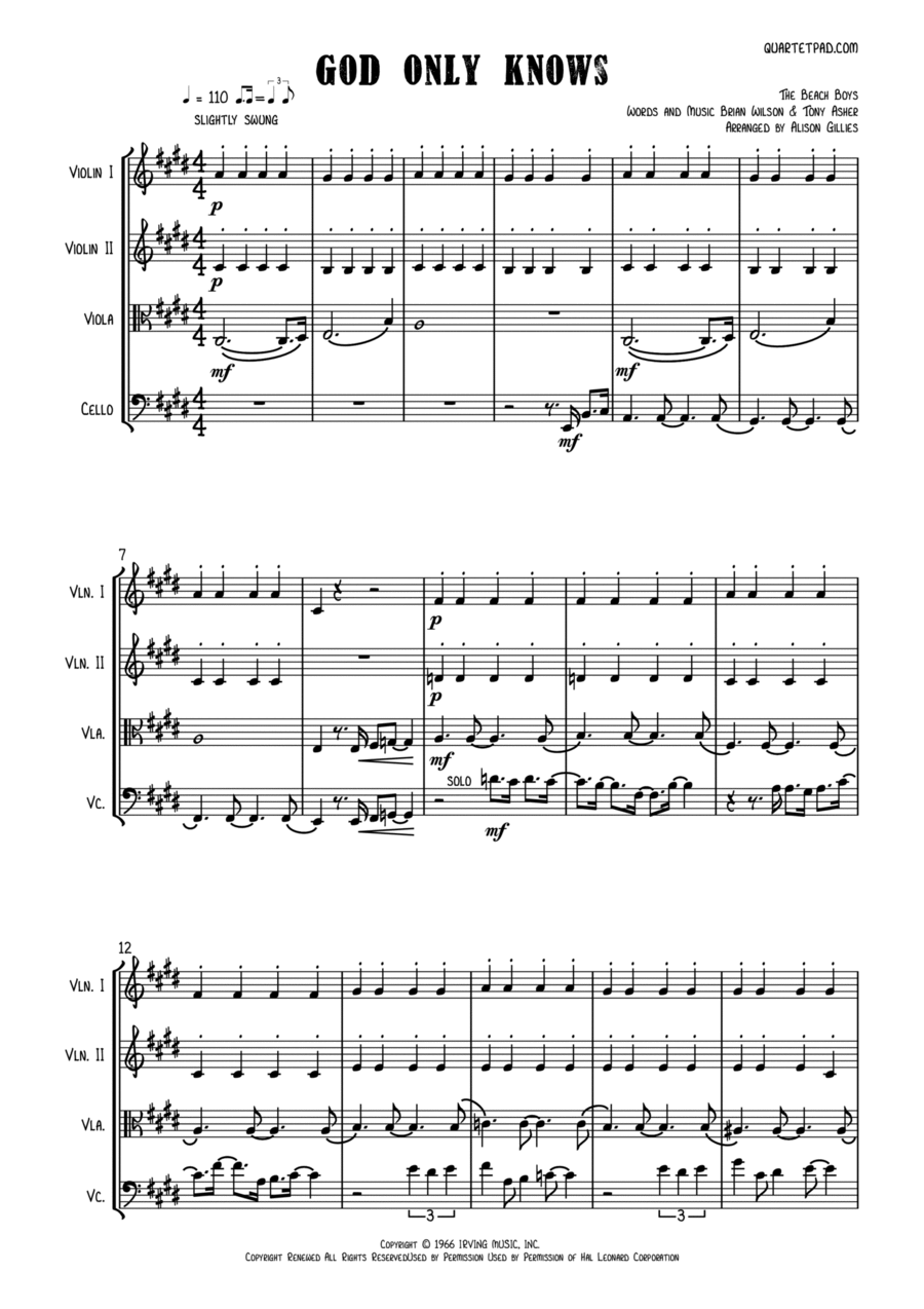 God Only Knows String Quartet scores gallery preview page 1
