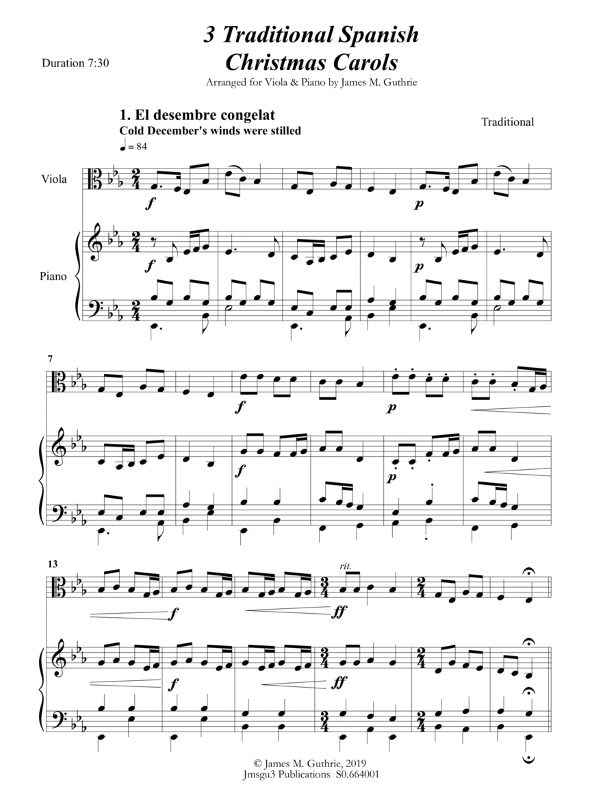 3 Traditional Spanish Christmas Carols for Viola & Piano Viola scores gallery preview page 1